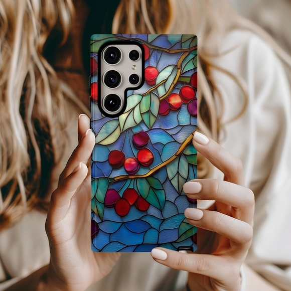 Cherry Stained Glass Design Samsung Galaxy S24 Ultra Phone Case - Picture 1 of 2